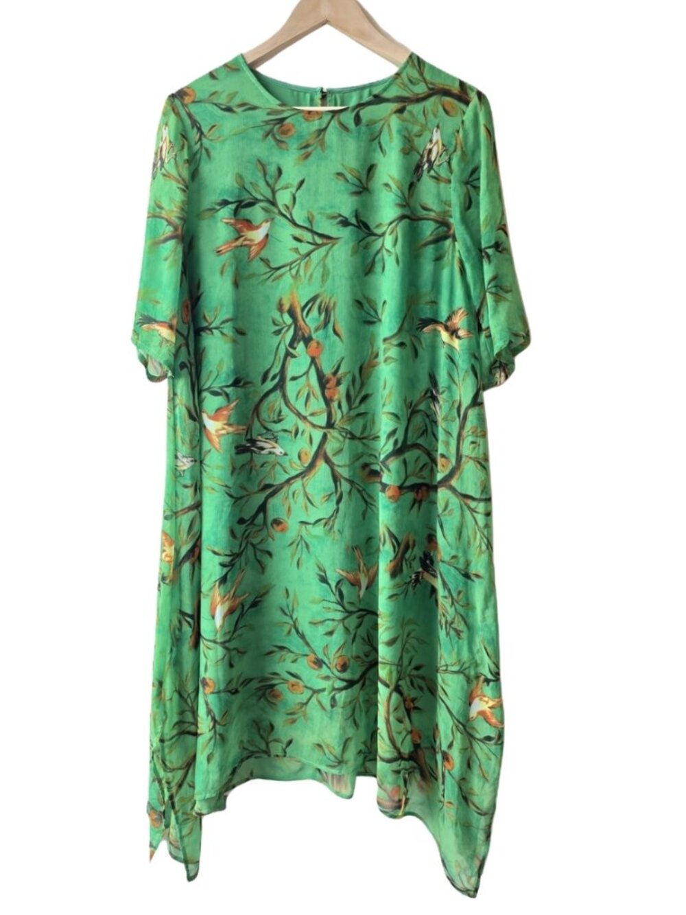 Silk Tunic Shift Dress Botanical Bird Print Handkerchief Hem Size M Whimsigoth